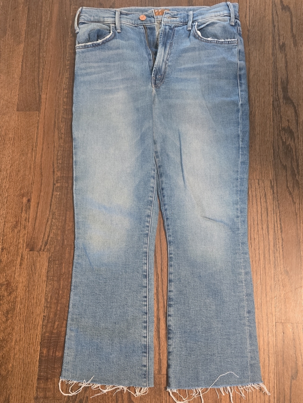 MOTHER Light Blue Denim Jeans with Brown Leather Patch